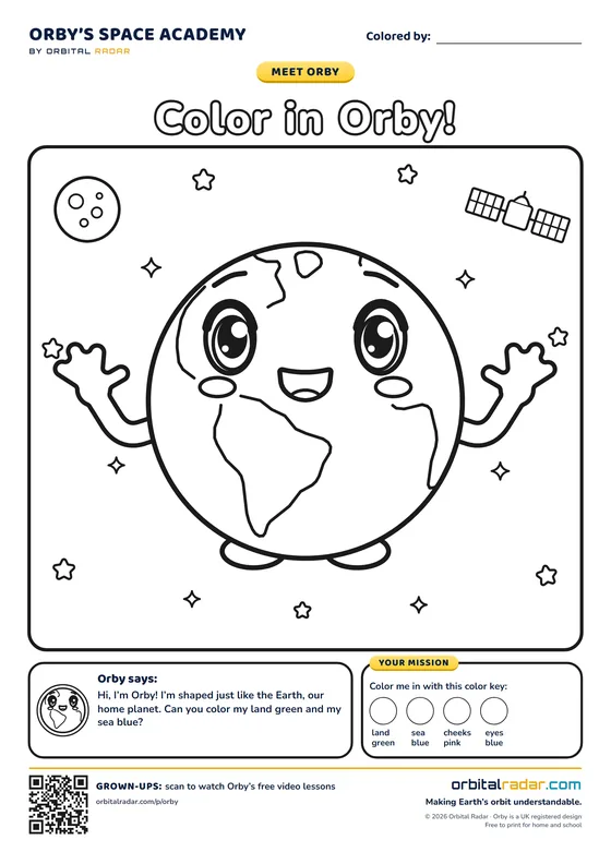 Coloring page: Orby, a smiling cartoon Earth with arms raised, with stars, the Moon and a satellite