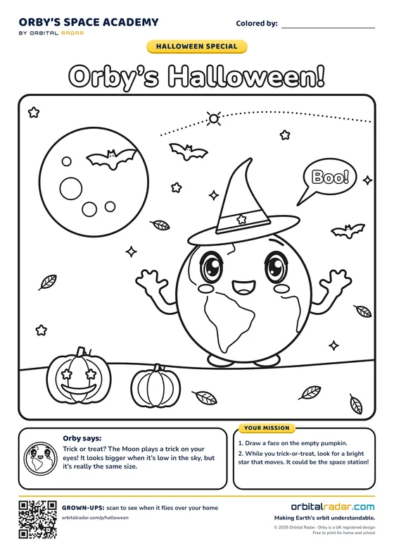 Coloring page: Orby in a witch hat with bats, the Moon and two pumpkins