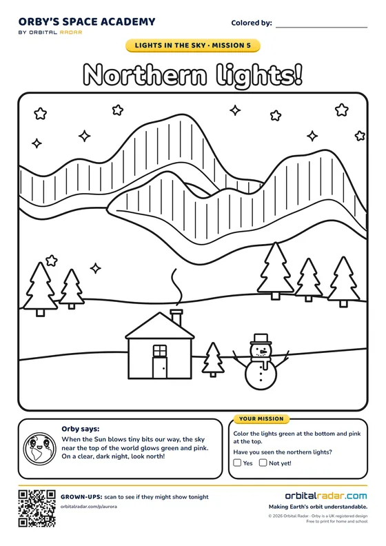 Coloring page: northern lights over snowy hills, pine trees, a cabin and a snowman