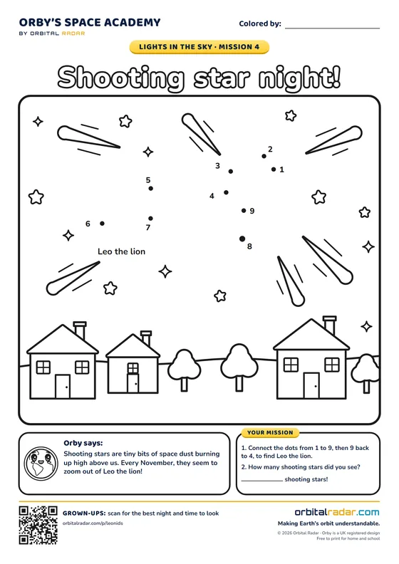 Coloring page: shooting stars over a row of houses, with a dot-to-dot of Leo the lion