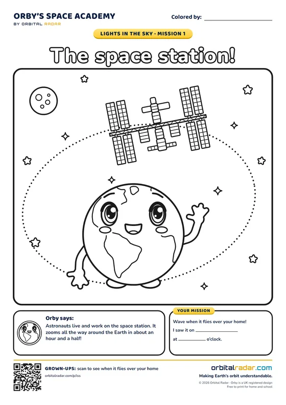 Coloring page: Orby waving at the International Space Station on its orbit