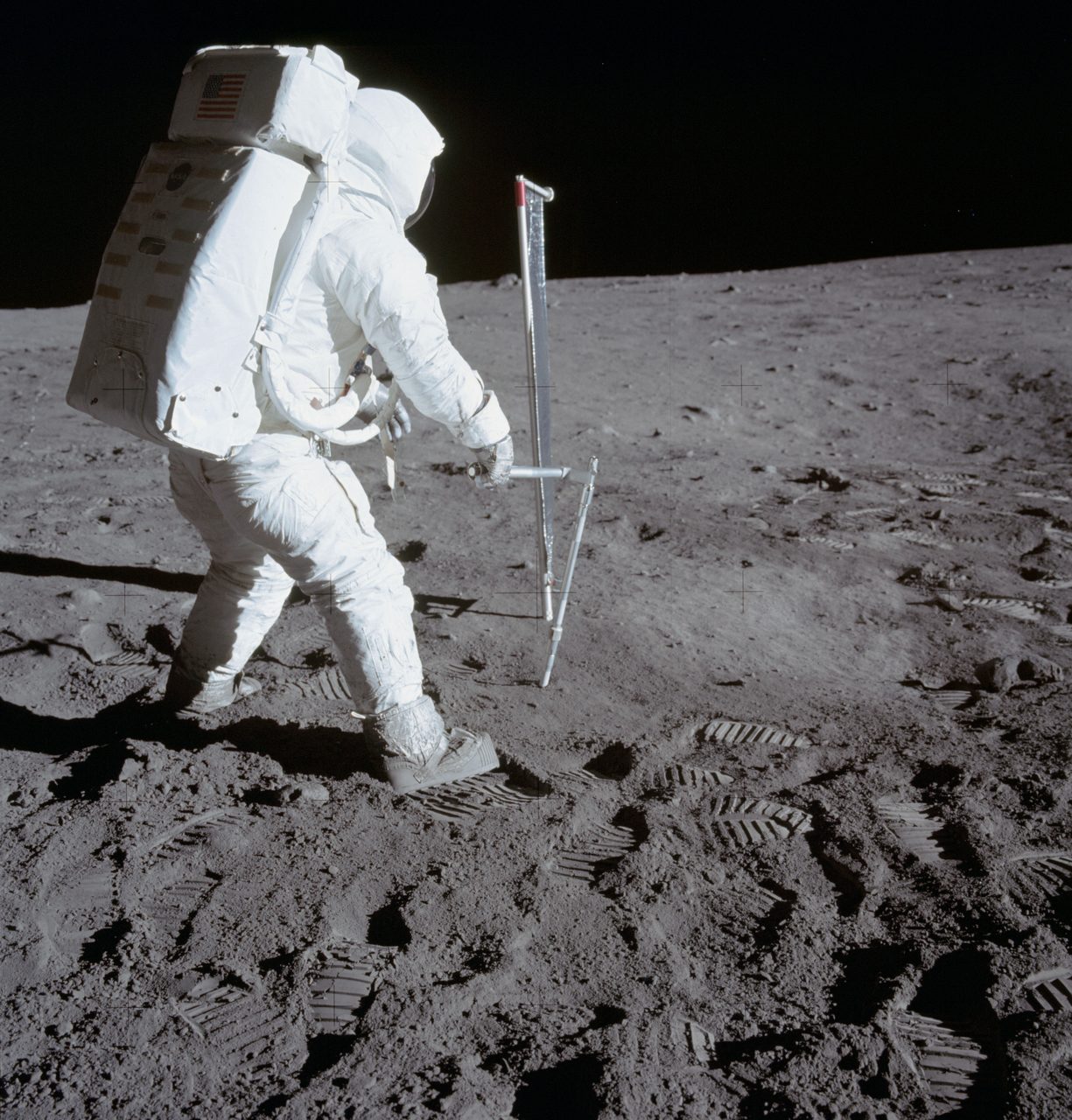 Astronaut Edwin Aldrin deploying Solar Wind Composition experiment
