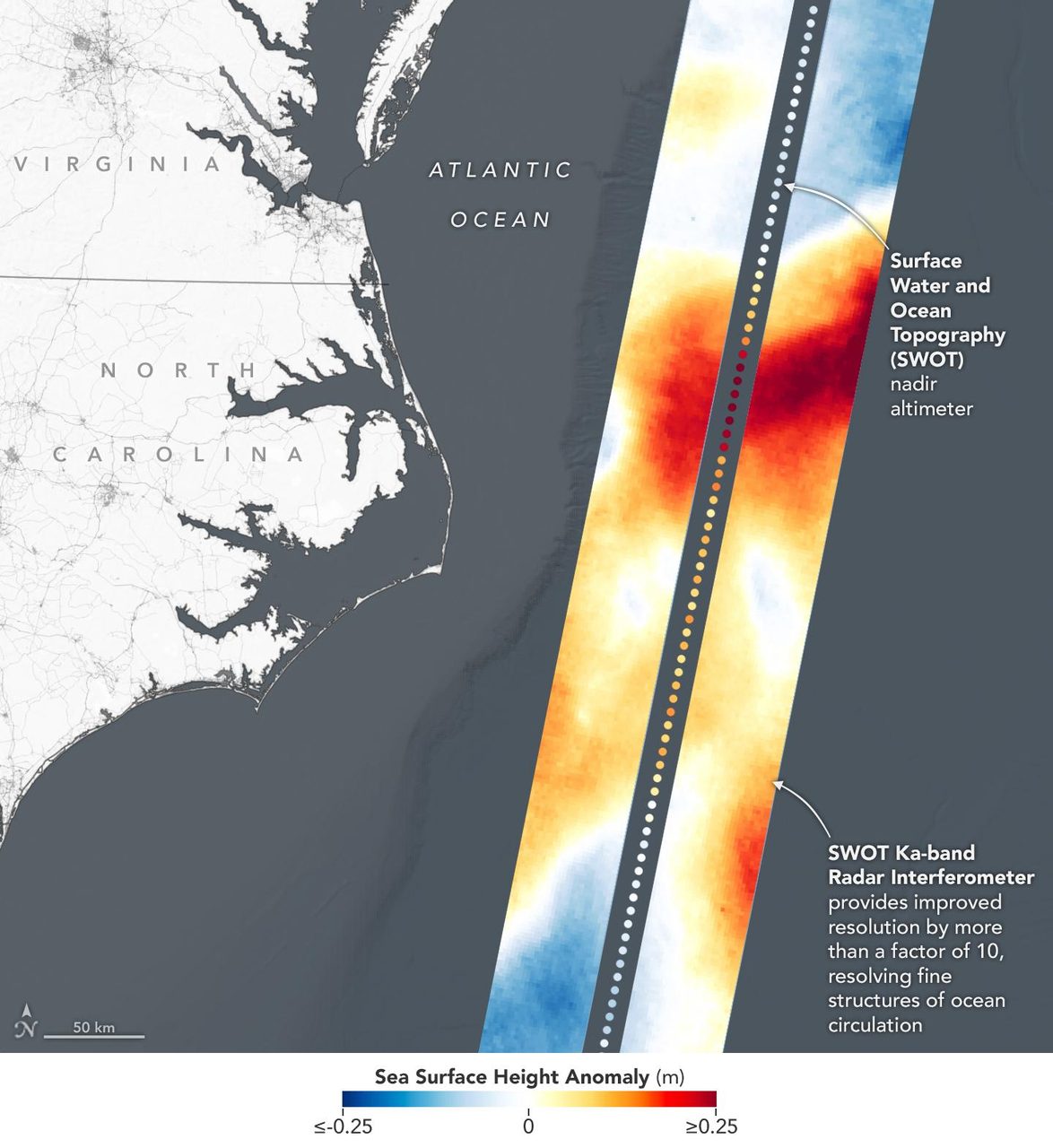 Visualization of Gulf Stream sea surface height near North Carolina and Virginia, captured by SWOT satellite in 2023.