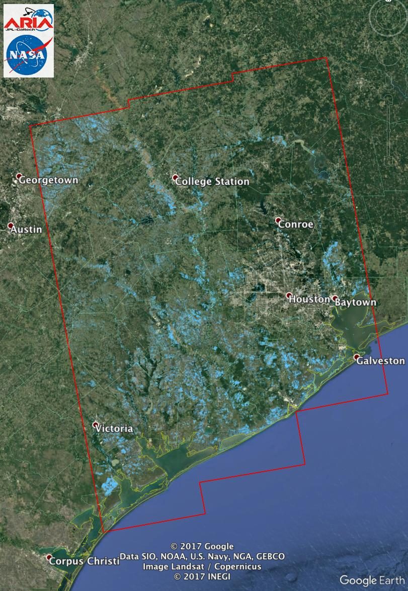 Flood proxy map of Southeastern Texas showing likely flooded areas after Hurricane Harvey, using Sentinel-1 data.