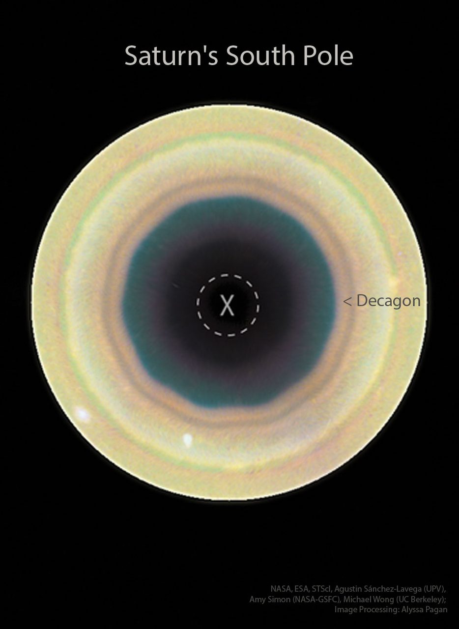 A decagon-shaped storm encircles Saturn's south pole, captured by the Hubble Space Telescope.