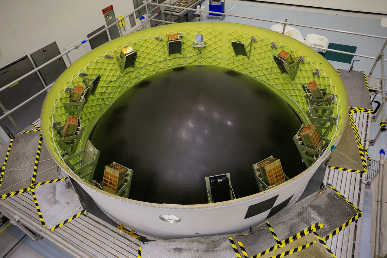 The Orion Stage Adapter holds a secondary payload cubesat, ready for integration into the spacecraft.