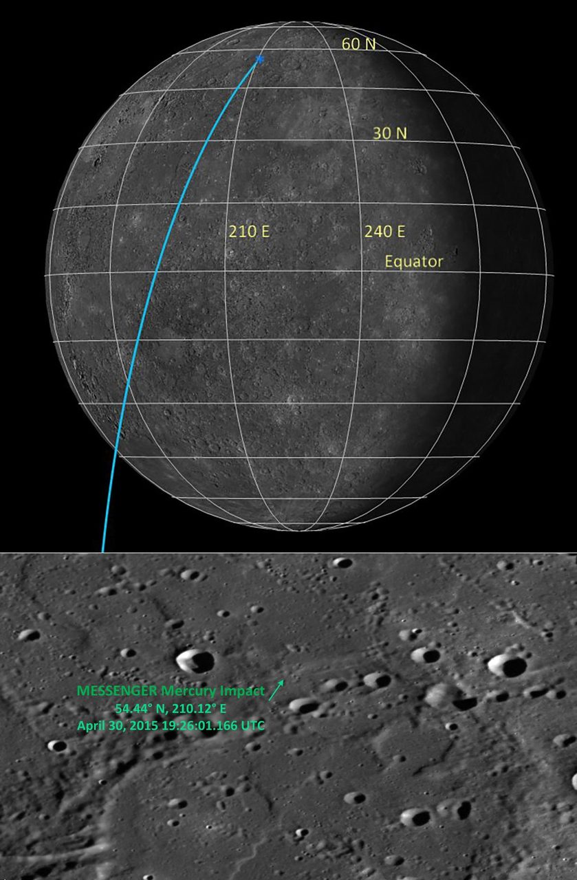Satellite image showing MESSENGER spacecraft's impact site on Mercury with detailed crater features.