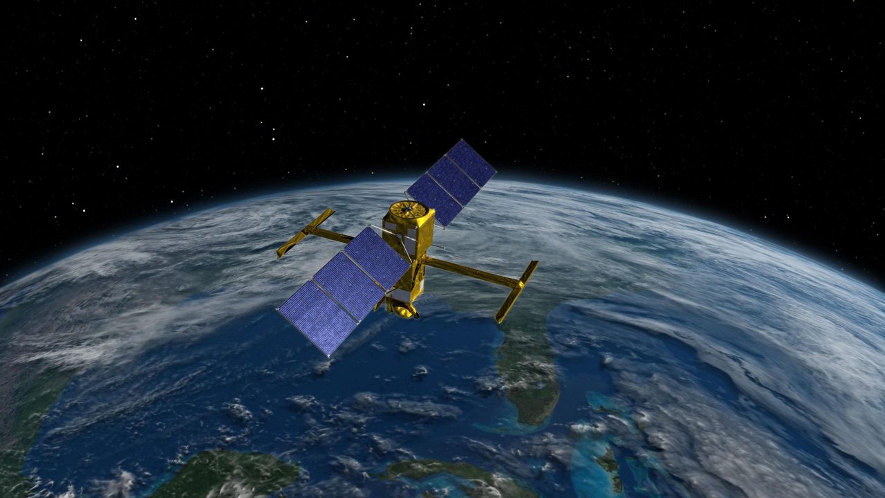 Illustration of SWOT satellite measuring water heights on Earth using Ka-band Radar Interferometer.