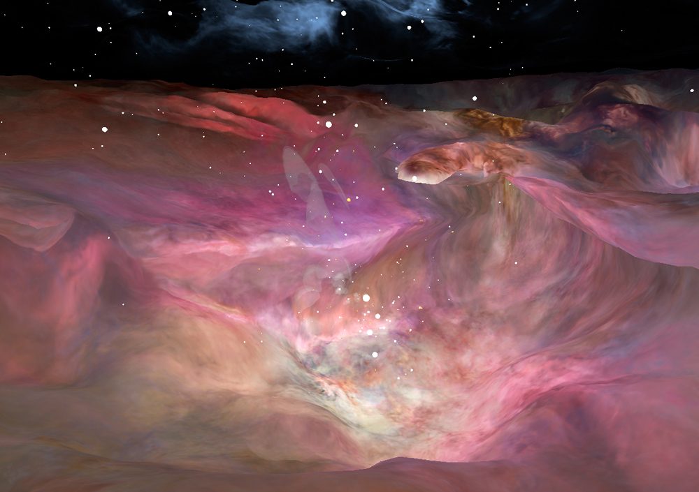 A 3-D visualization of the universe captured by NASA's Hubble Space Telescope, showcasing vibrant galaxies and stars.