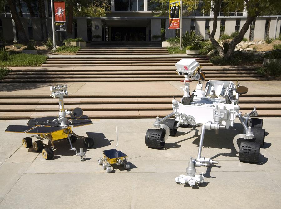 Full-scale models of NASA Mars rovers show size progression from Sojourner to Spirit and Opportunity, to Mars Science Laboratory.