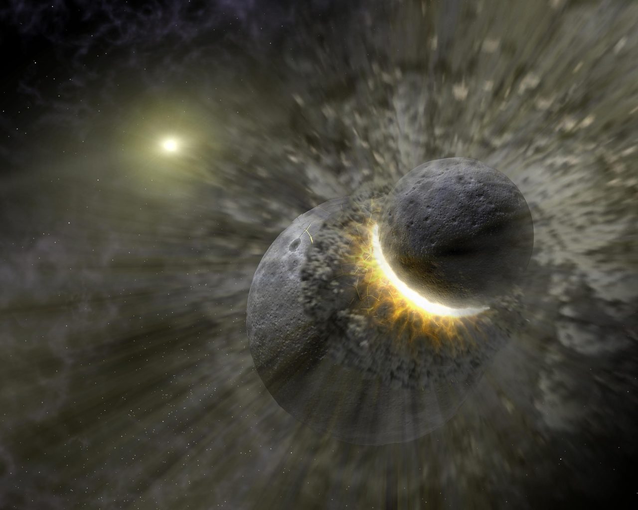 Artist's concept of a colossal collision forming a dust ring around star Vega, involving Pluto-sized celestial bodies.