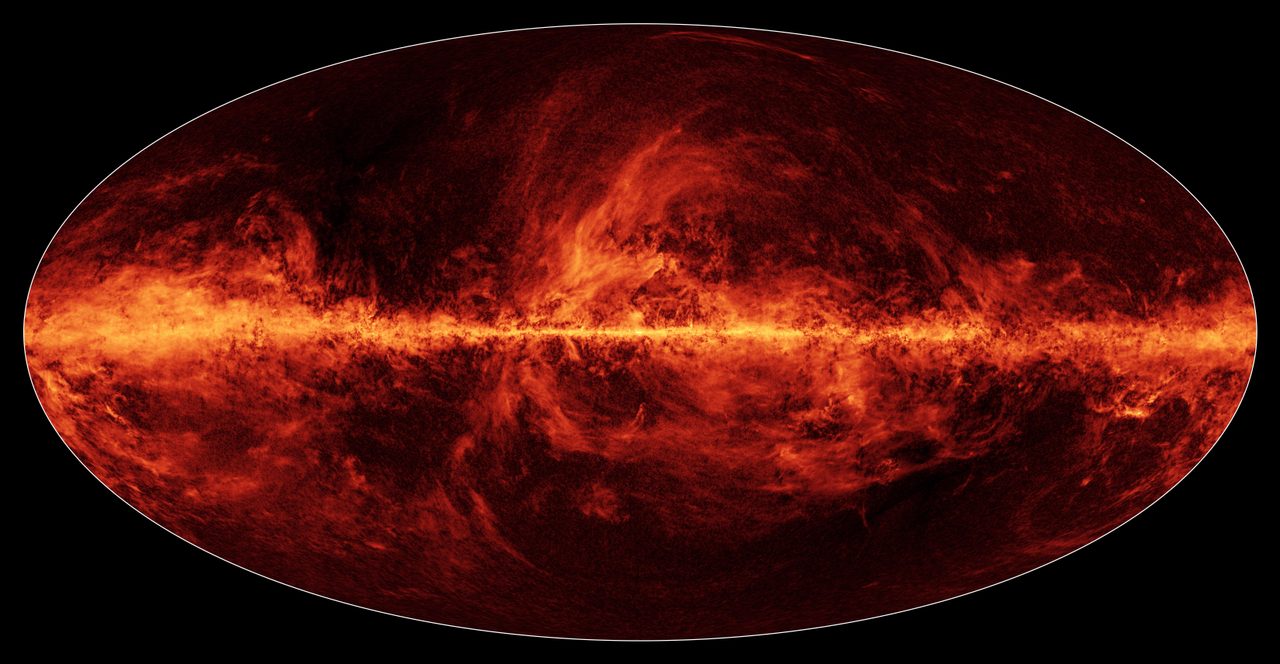 All-sky map of Milky Way showing polarized dust in vibrant fiery colors from Planck mission.