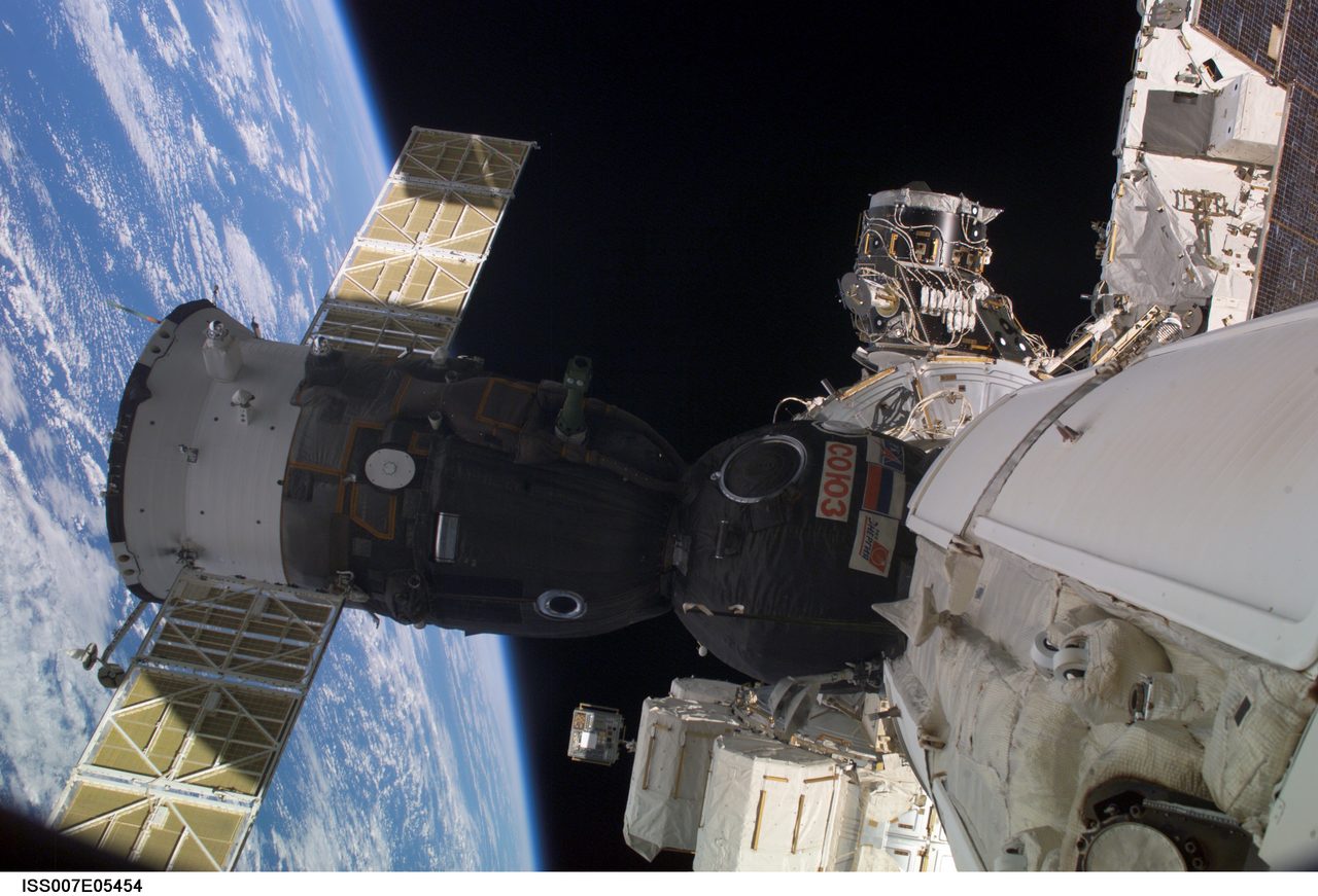 Soyuz spacecraft securely docked to the International Space Station with Earth visible in the background.