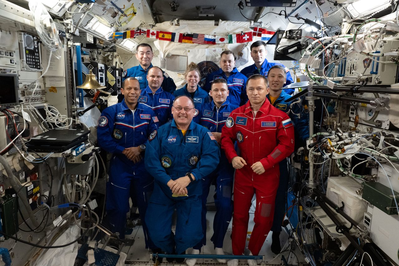 Ten crew members of Expeditions 73 and 74 together inside the International Space Station