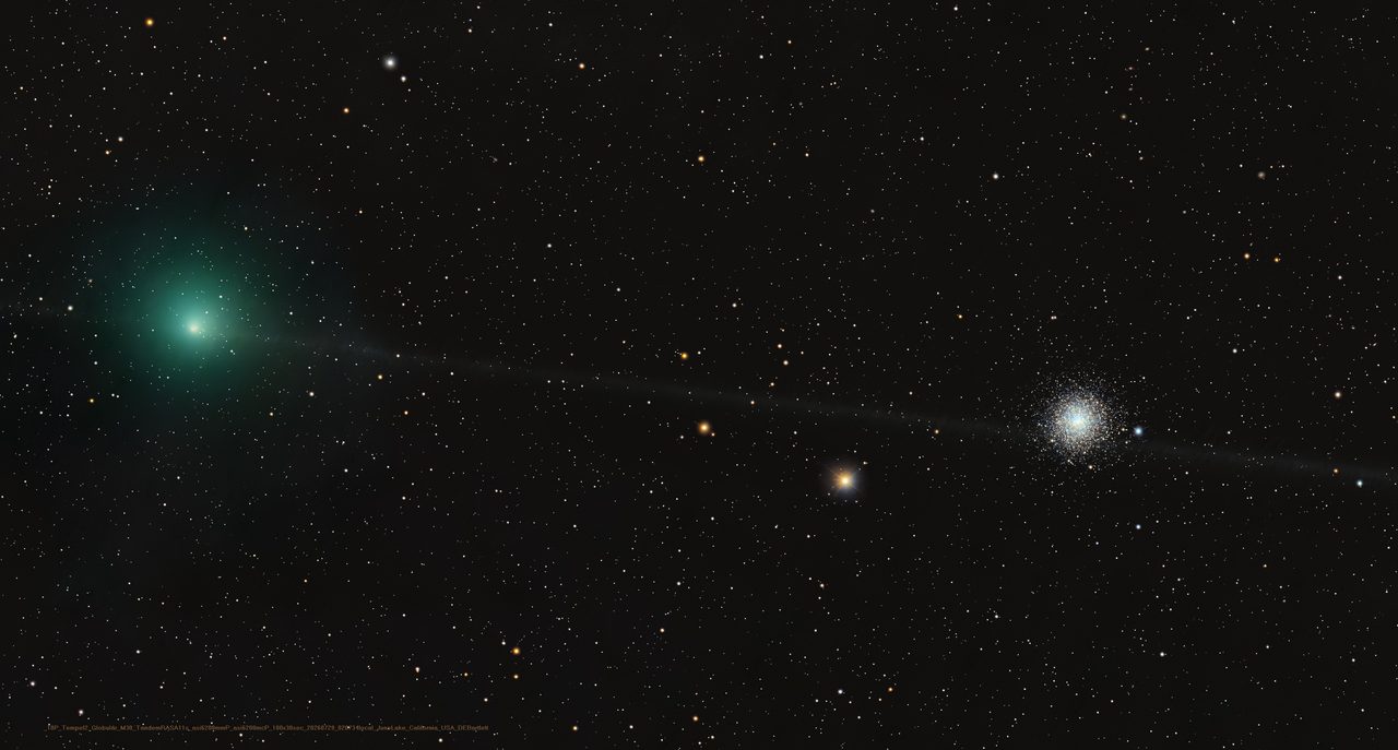 A detailed view of comet Tempel 2 with surrounding stars in a night sky, showcasing its bright core.