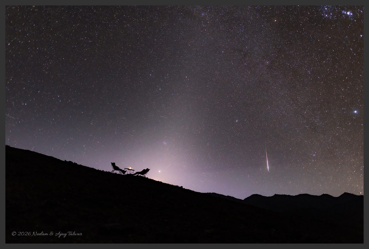 A starry night sky with a faint zodiacal light glowing near the horizon, surrounded by constellations.