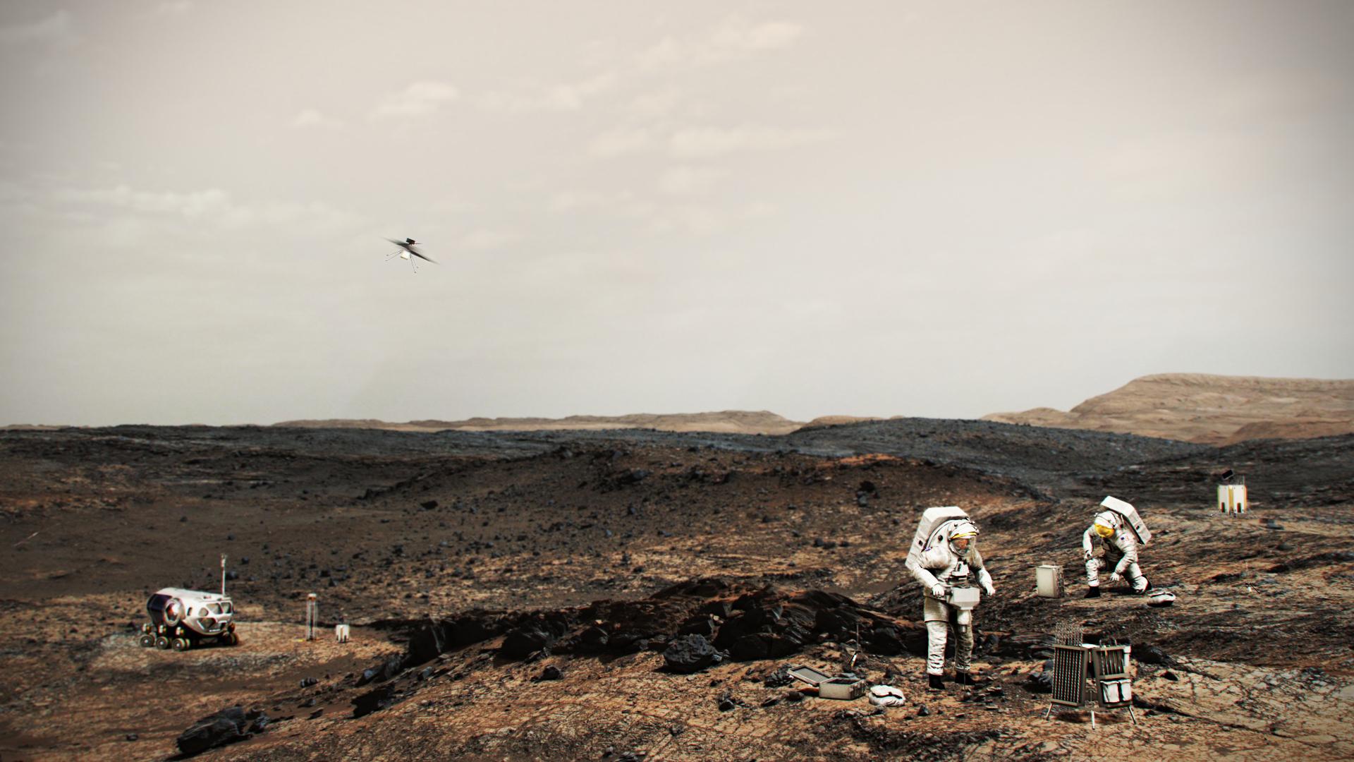 Illustration of NASA astronauts exploring Mars with a helicopter hovering nearby in a dusty red landscape.