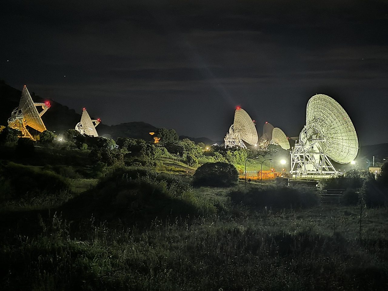 Six radio antennas at Madrid Deep Space Communication Complex simultaneously receiving data from Voyager 1 spacecraft on April 20, 2024.