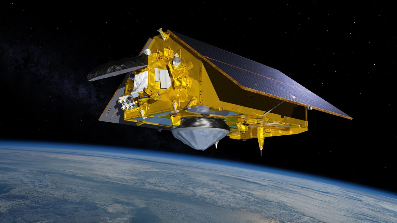 Illustration of Sentinel-6 Michael Freilich satellite orbiting Earth with extended solar panels, monitoring sea levels.