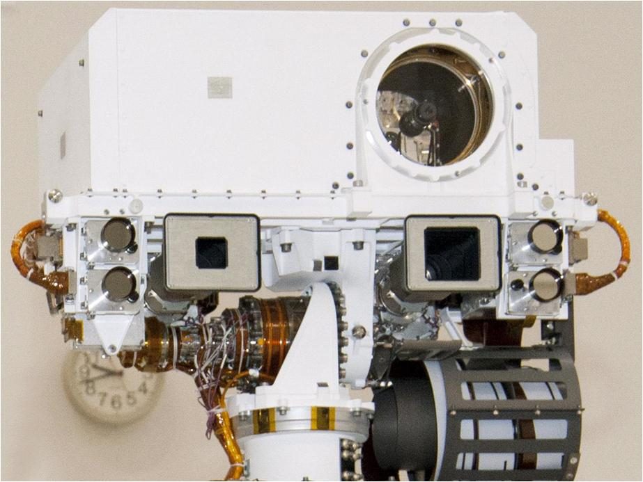 Close-up of Mars Rover Curiosity's mast with multiple cameras visible