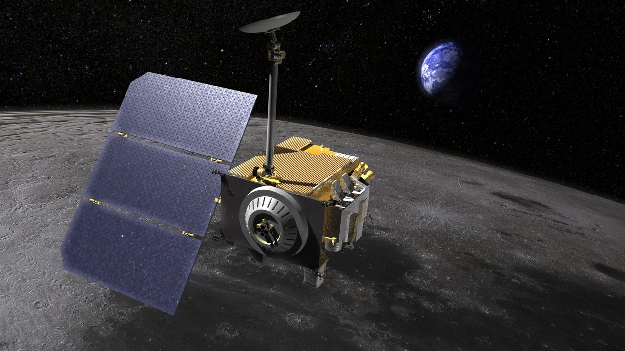 Artist's rendering of the Lunar Reconnaissance Orbiter, showing its position above the Moon's surface.