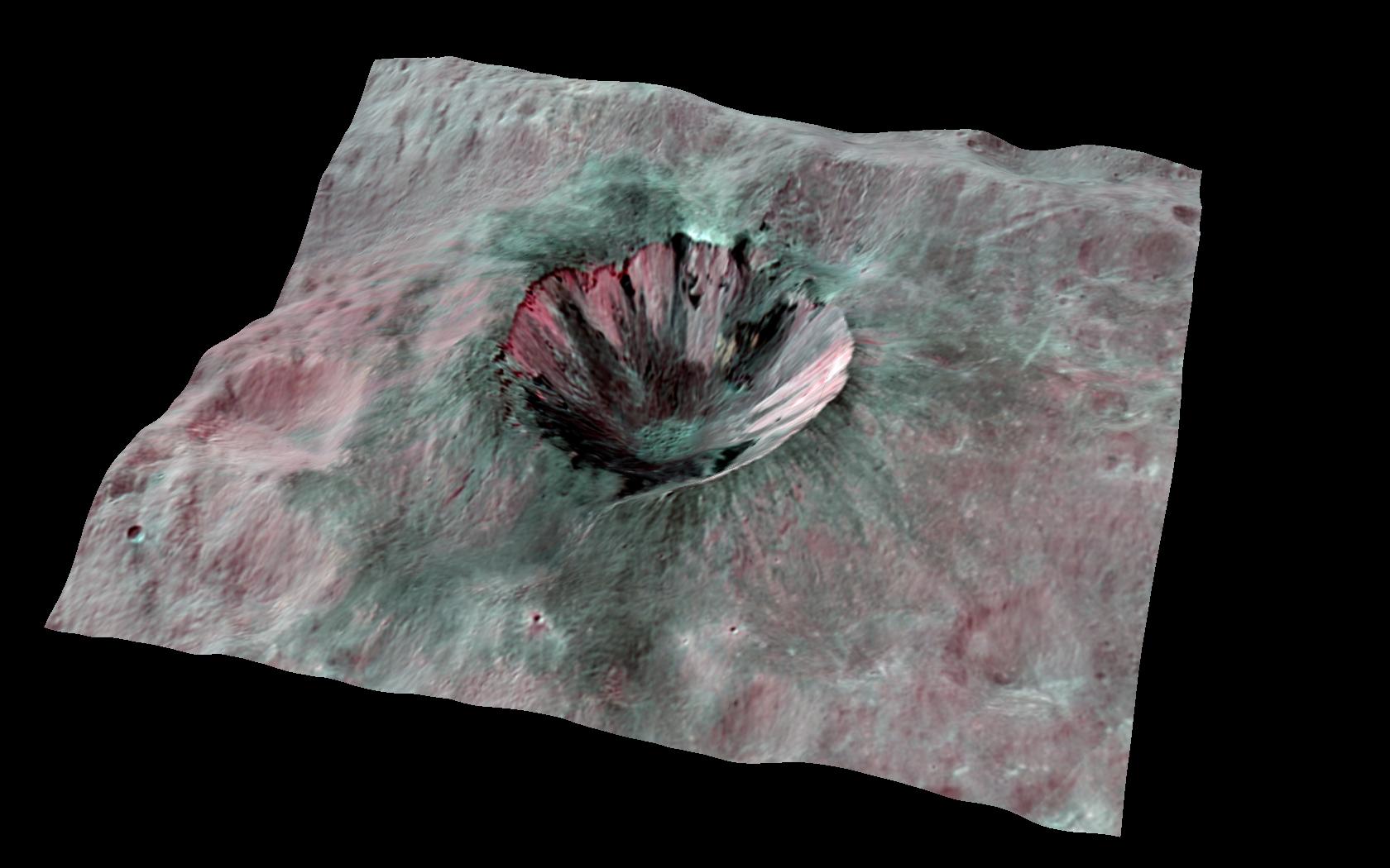 3D composite-color image of Cornelia Crater on asteroid Vesta, featuring dark streaks and requiring 3D glasses for full effect.