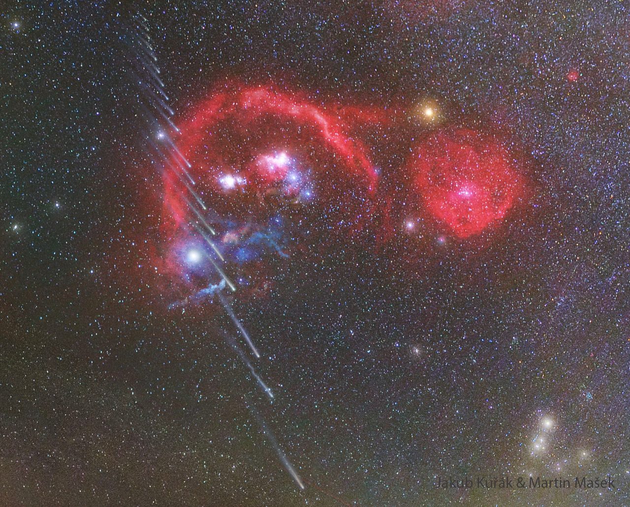 A series of images showing Comet R3 PanSTARRS breaking apart over time against a starry night sky.
