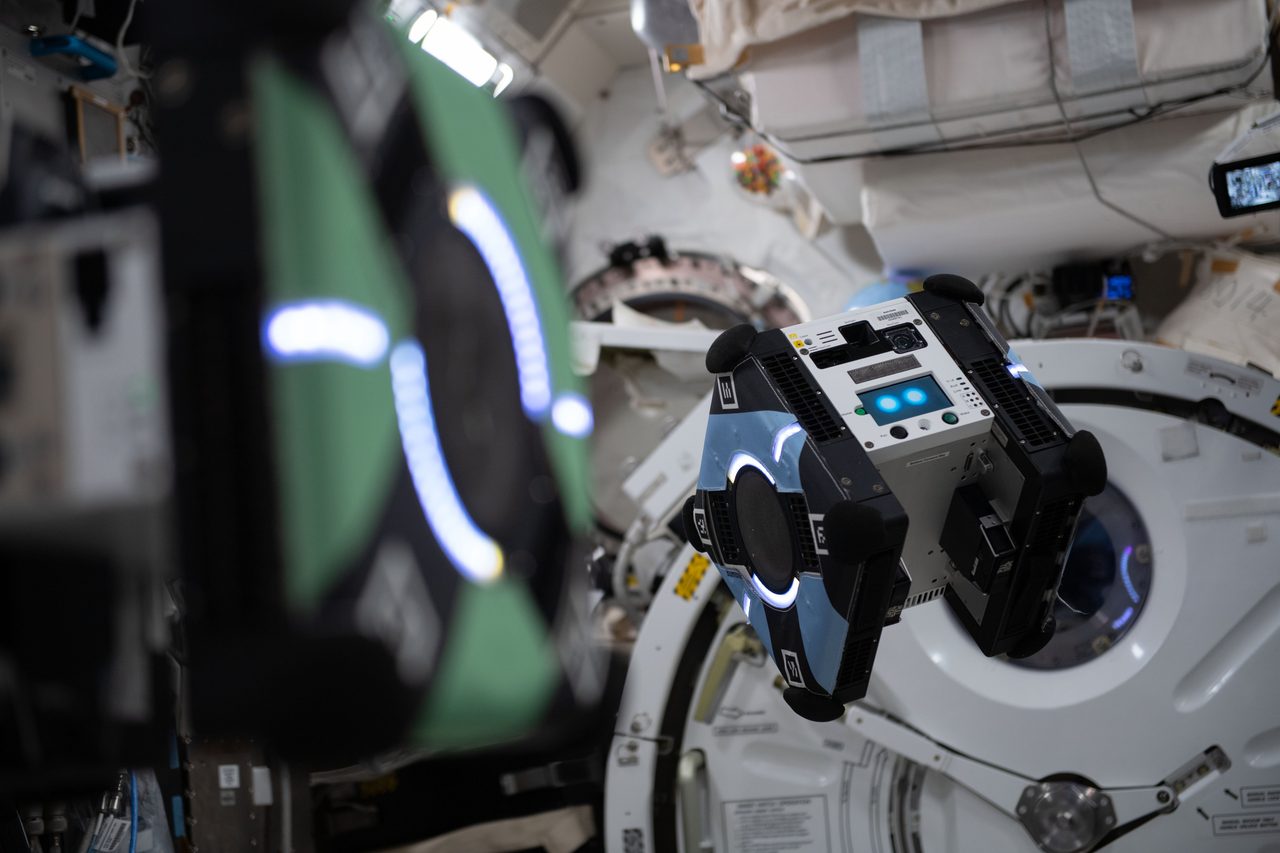 Astrobee robot operational session inside the International Space Station, showcasing autonomous free-flying capabilities.