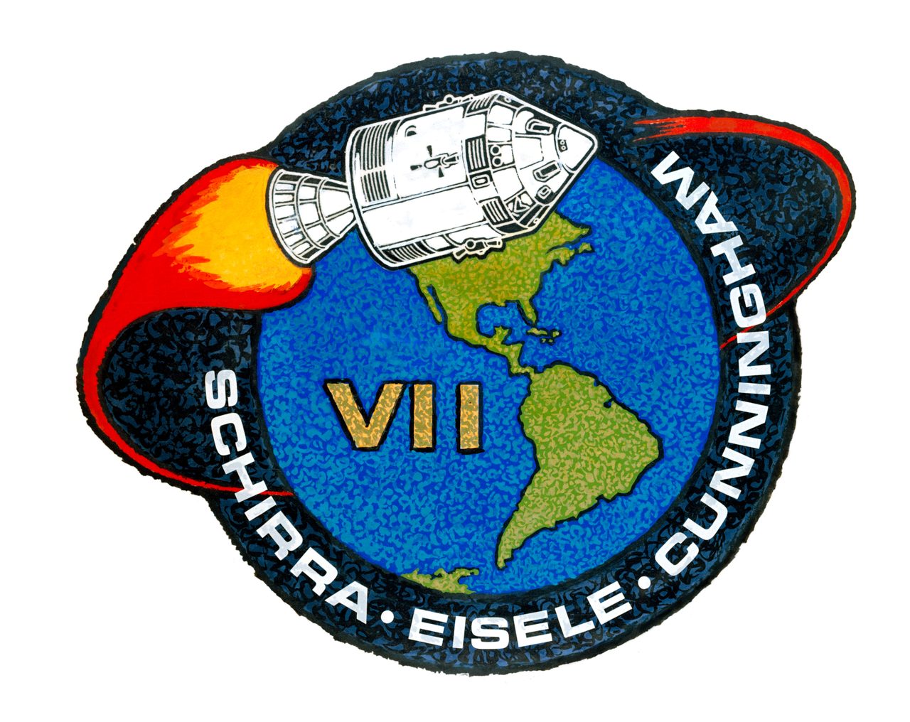 Apollo 7 mission emblem featuring spacecraft and Earth, symbolizing first manned Apollo space mission.