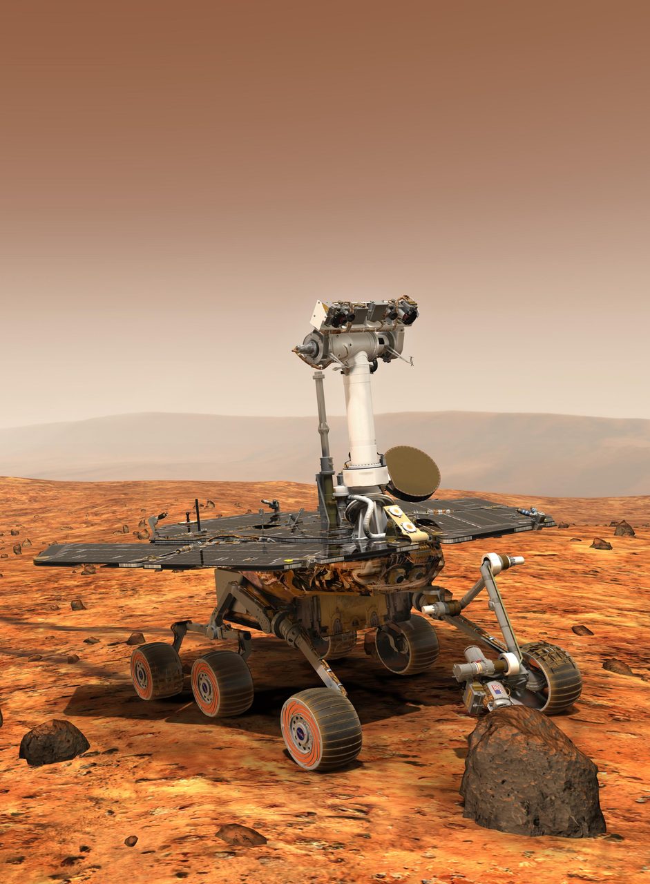Artist's depiction of NASA Mars Exploration Rover navigating Martian surface, illustrating rover's design and terrain.