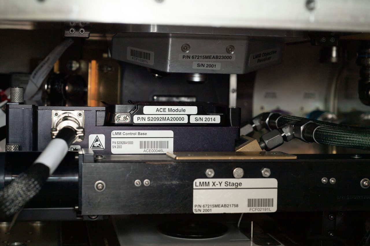 Close-up view of the International Space Station's solar panels and modules in space.