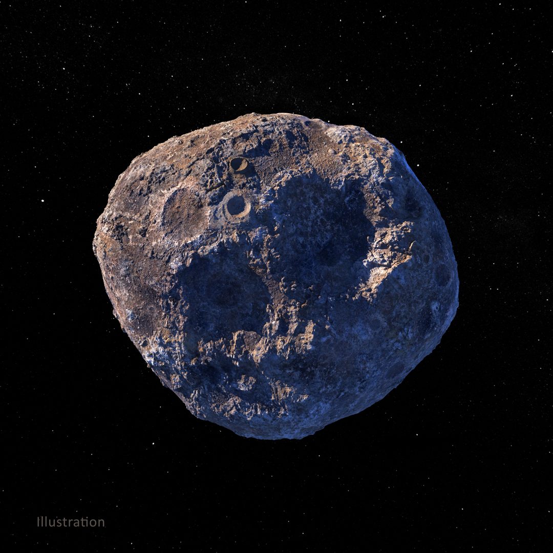Illustration of asteroid Psyche, 140 miles wide, located in the asteroid belt between Mars and Jupiter.