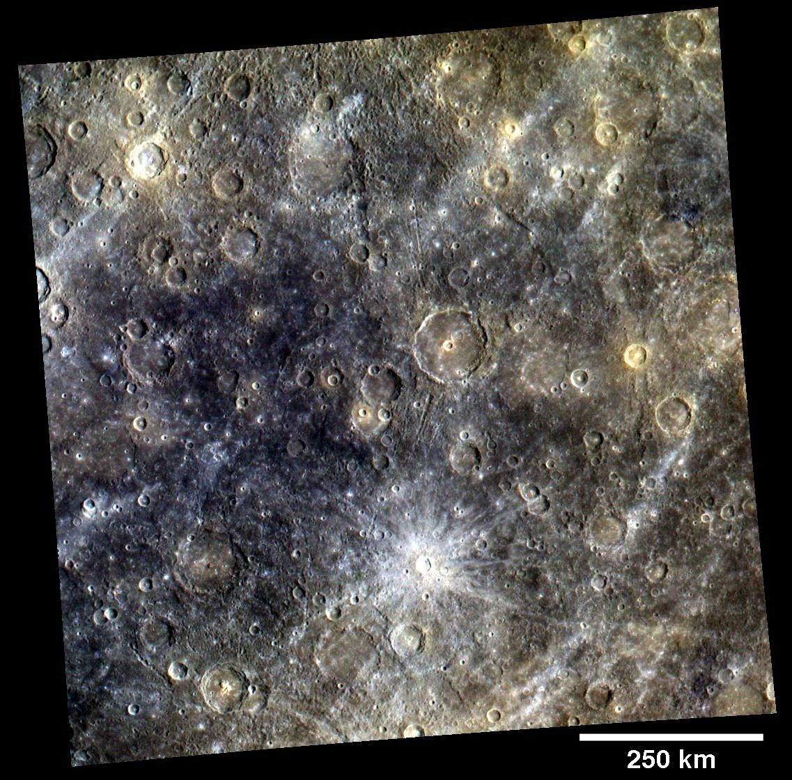 Detailed color map of Mercury's surface highlighting craters and geological features.