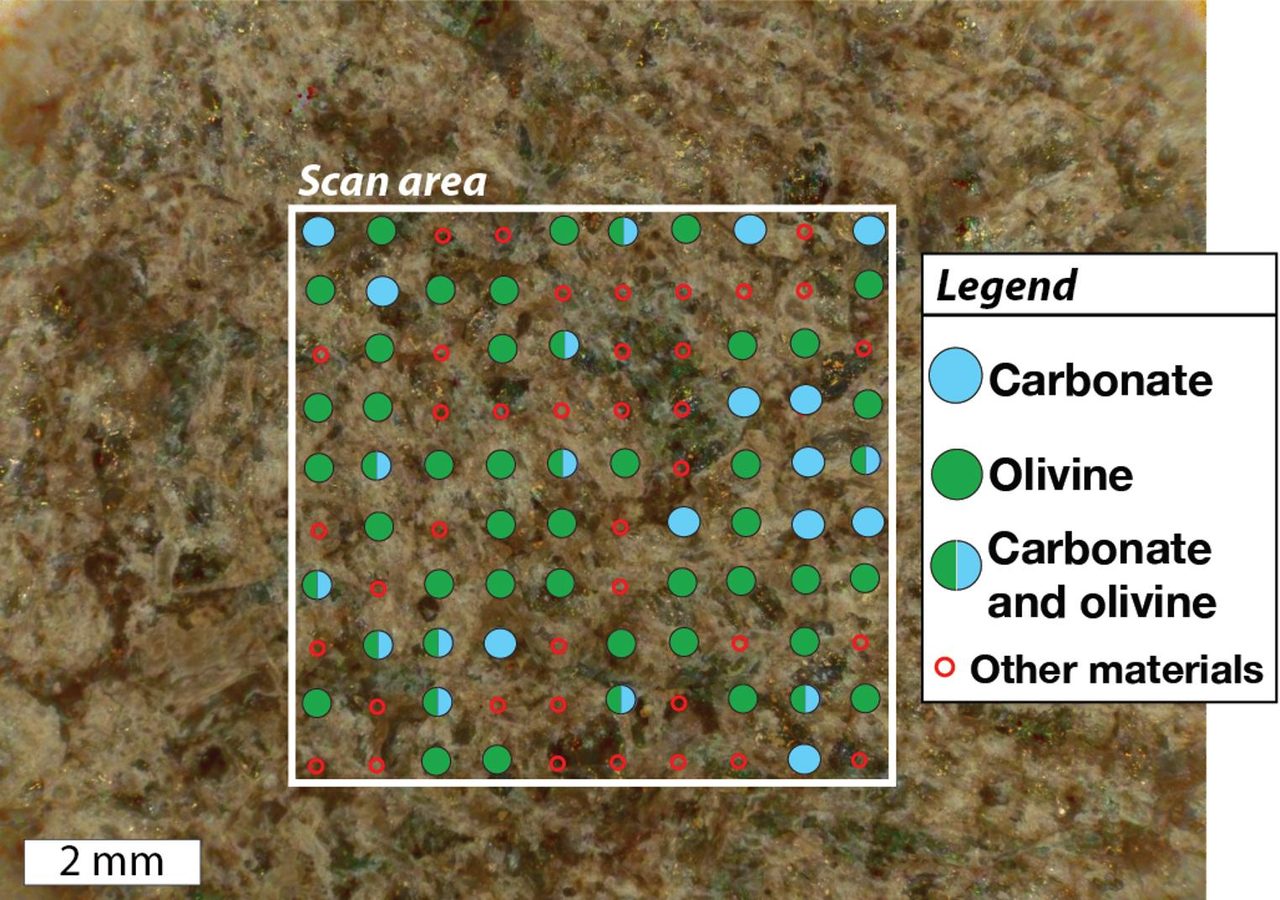 Close-up view of organic molecules within Garde rock target on Mars, captured by Perseverance rover's SHERLOC instrument.