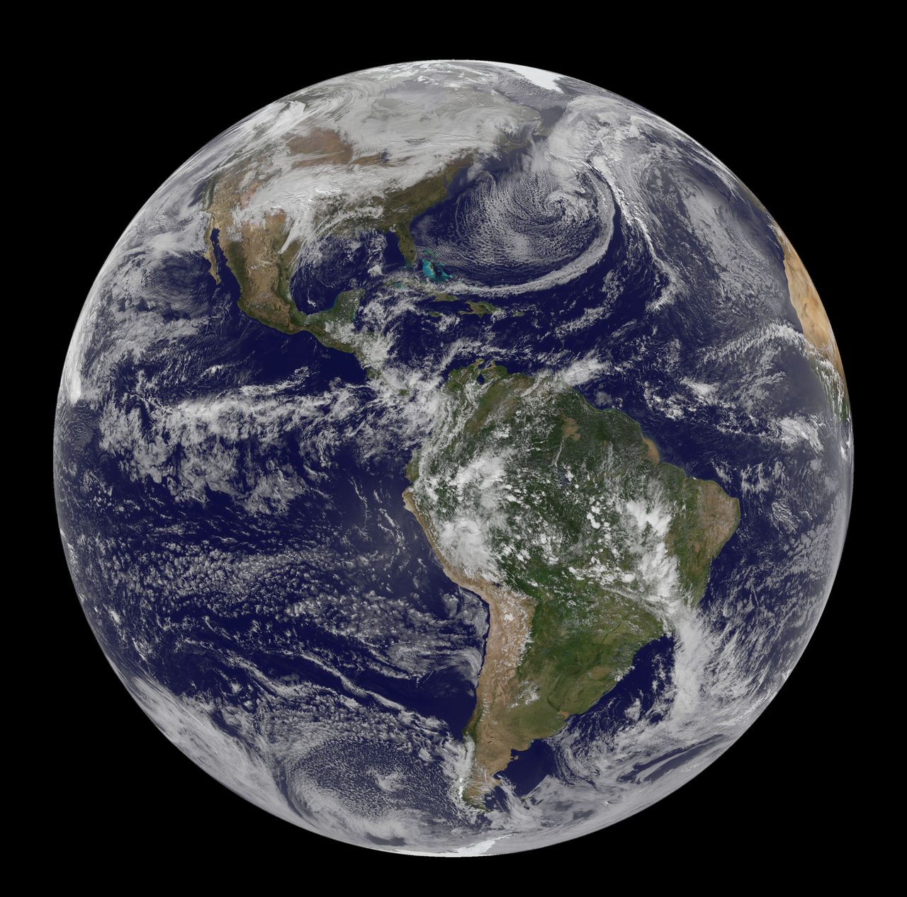 GOES satellite image showing a strong weather front causing blizzard conditions in the U.S. Southwest.
