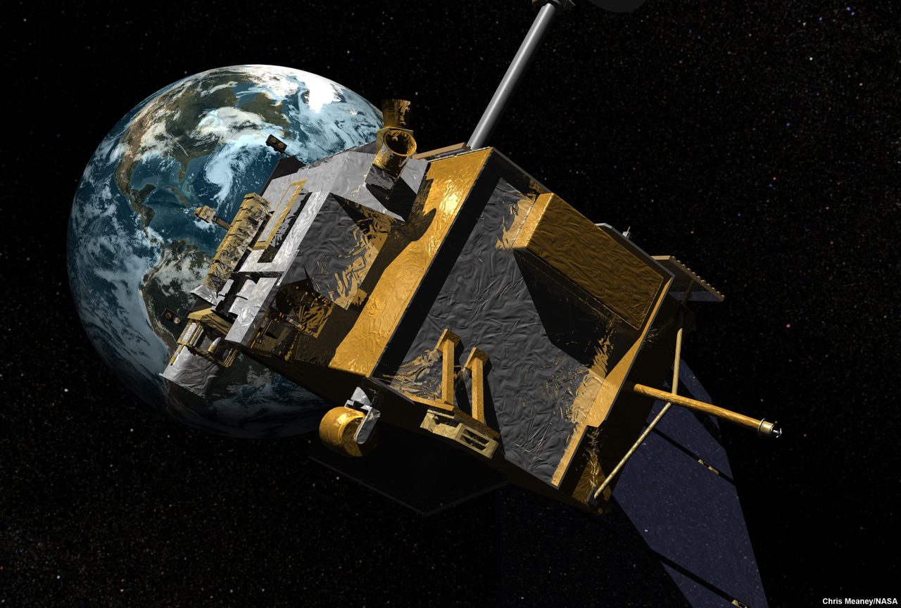 Artist's concept of NASA's Lunar Reconnaissance Orbiter, with Earth in the distance