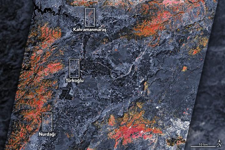 Satellite imagery showing extensive earthquake damage in urban areas of southern Turkey and western Syria.