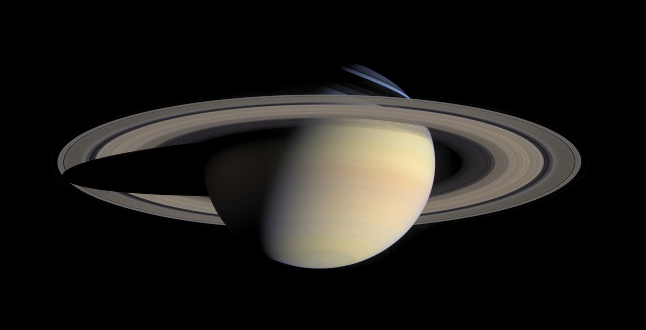 Detailed natural color image of Saturn and its rings captured by Cassini in October 2004.
