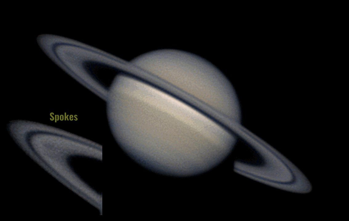Close-up of Saturn's B Ring with visible dark radial spokes against the bright icy ring particles.