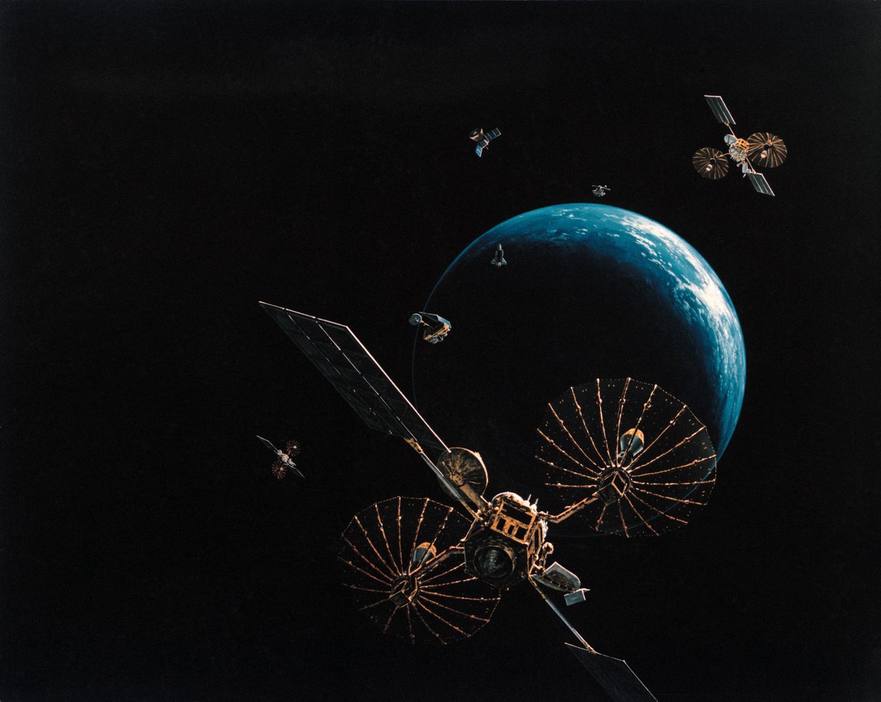 Illustration of STS-43 mission's Tracking and Data Relay Satellite E orbiting Earth with solar panels extended.