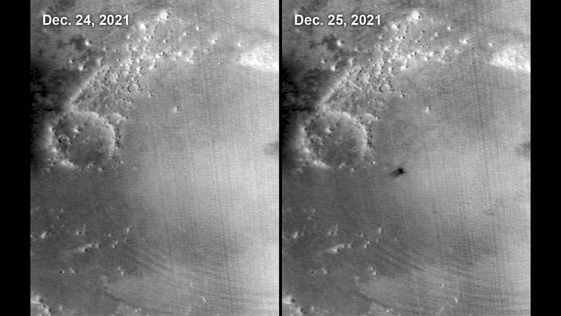 Mars Reconnaissance Orbiter's MARCI camera shows before-and-after images of meteoroid impact on Amazonis Planitia.