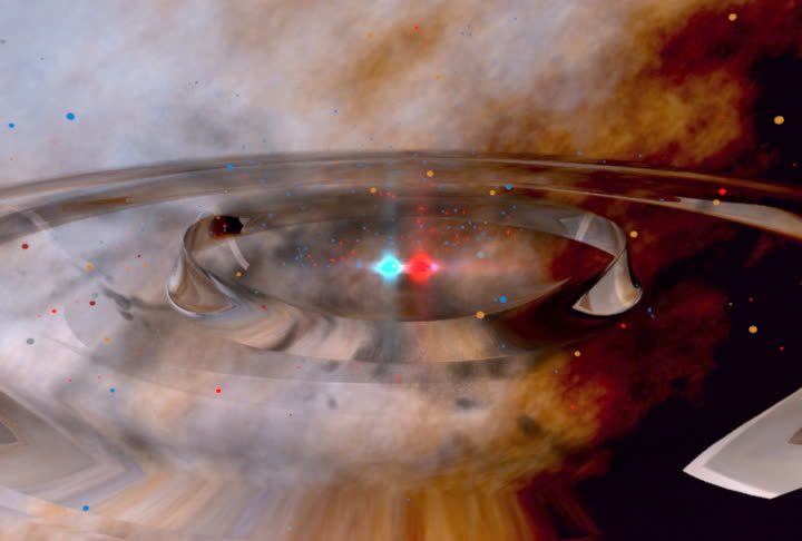 Artistic rendering of two black holes merging, creating gravitational waves in space.