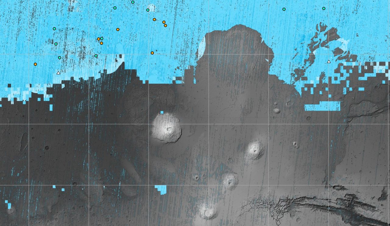 Map of Mars highlighting blue regions with detected subsurface water ice for potential astronaut landing sites.