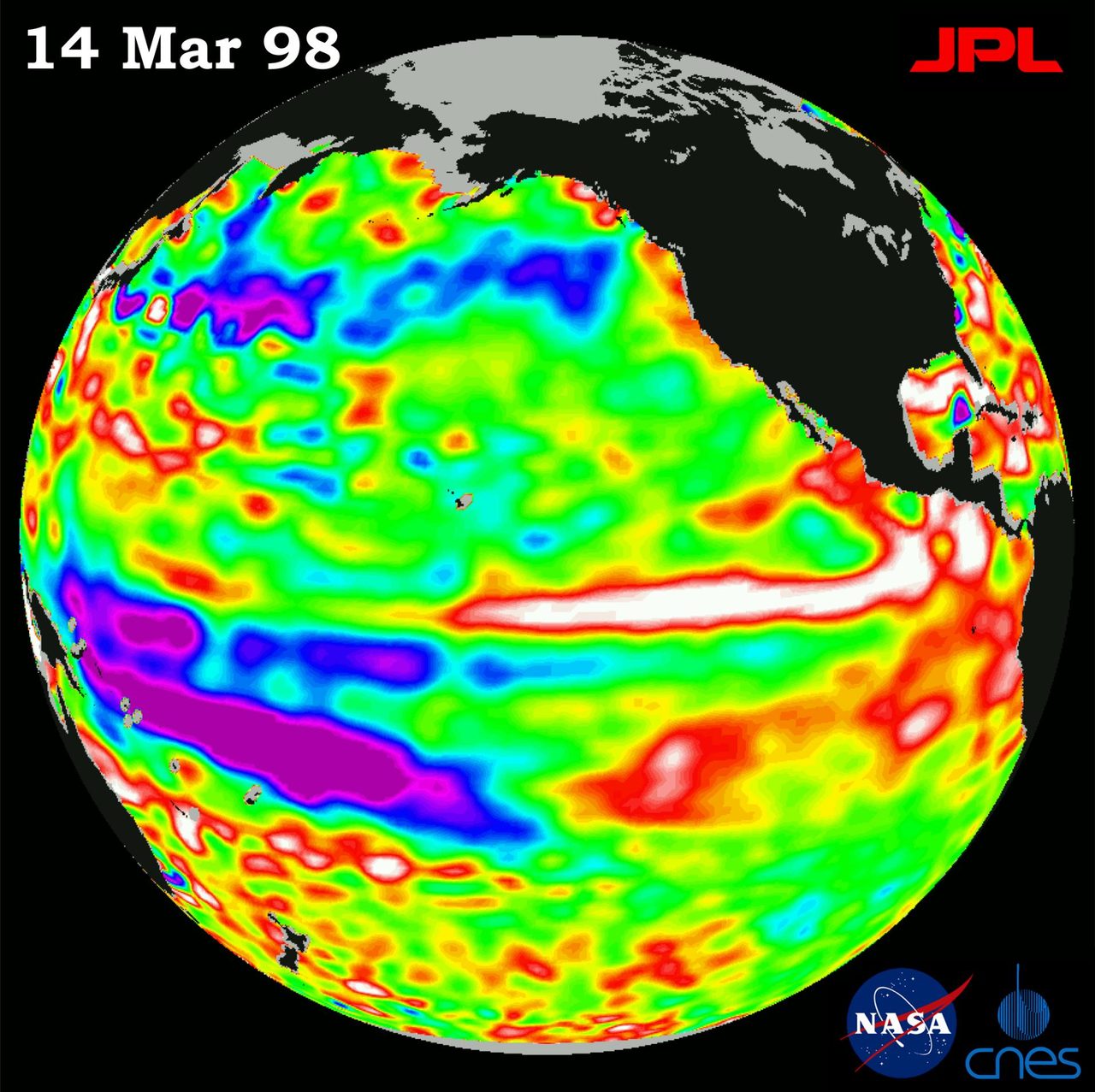Satellite image showing El Niño-related sea surface height in the Pacific Ocean, March 14, 1998.
