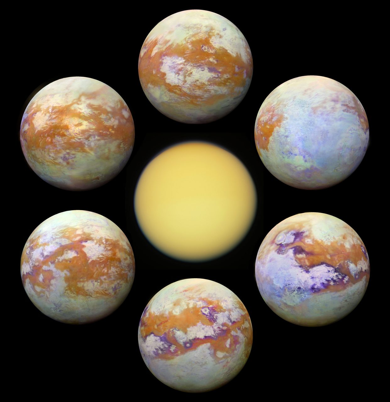A detailed view of Saturn's largest moon, Titan, with its hazy atmosphere and surface features visible.
