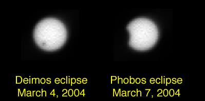 NASA Opportunity captures Deimos as a speck and Phobos grazing the Sun during Martian eclipses.