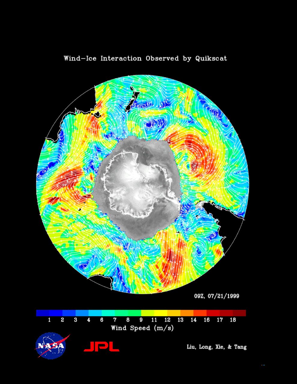 Illustration of SeaWinds instrument on NASA's QuikScat satellite monitoring sea ice and ocean winds.