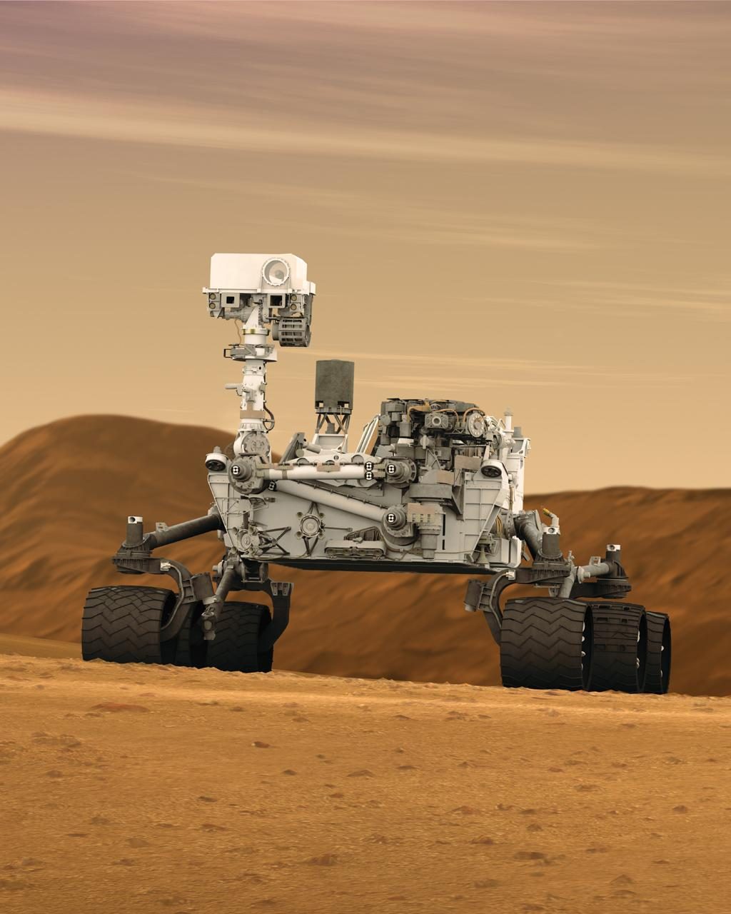 Artist's concept of NASA's Curiosity rover, designed to explore Mars' potential for sustaining microbial life.