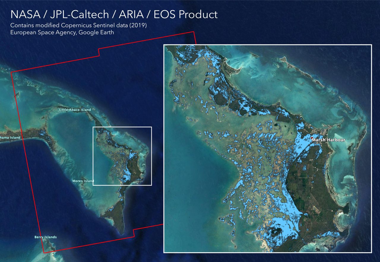 Satellite image showing extensive flooding in the Bahamas after Hurricane Dorian, captured by NASA's ARIA team.