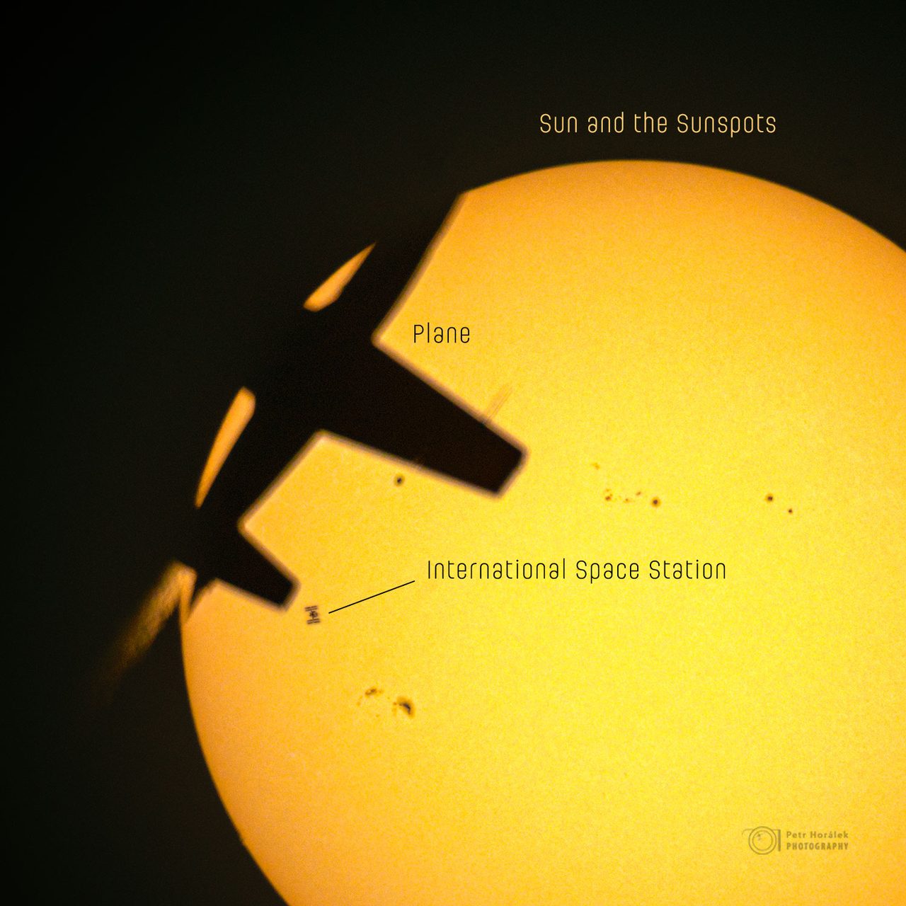 A plane, space station, and sun align perfectly in the sky, creating a rare astronomical event.